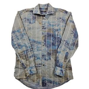 Zanella Mens Abstract Print Button Down Shirt Blue Grey Made in Italy Size M